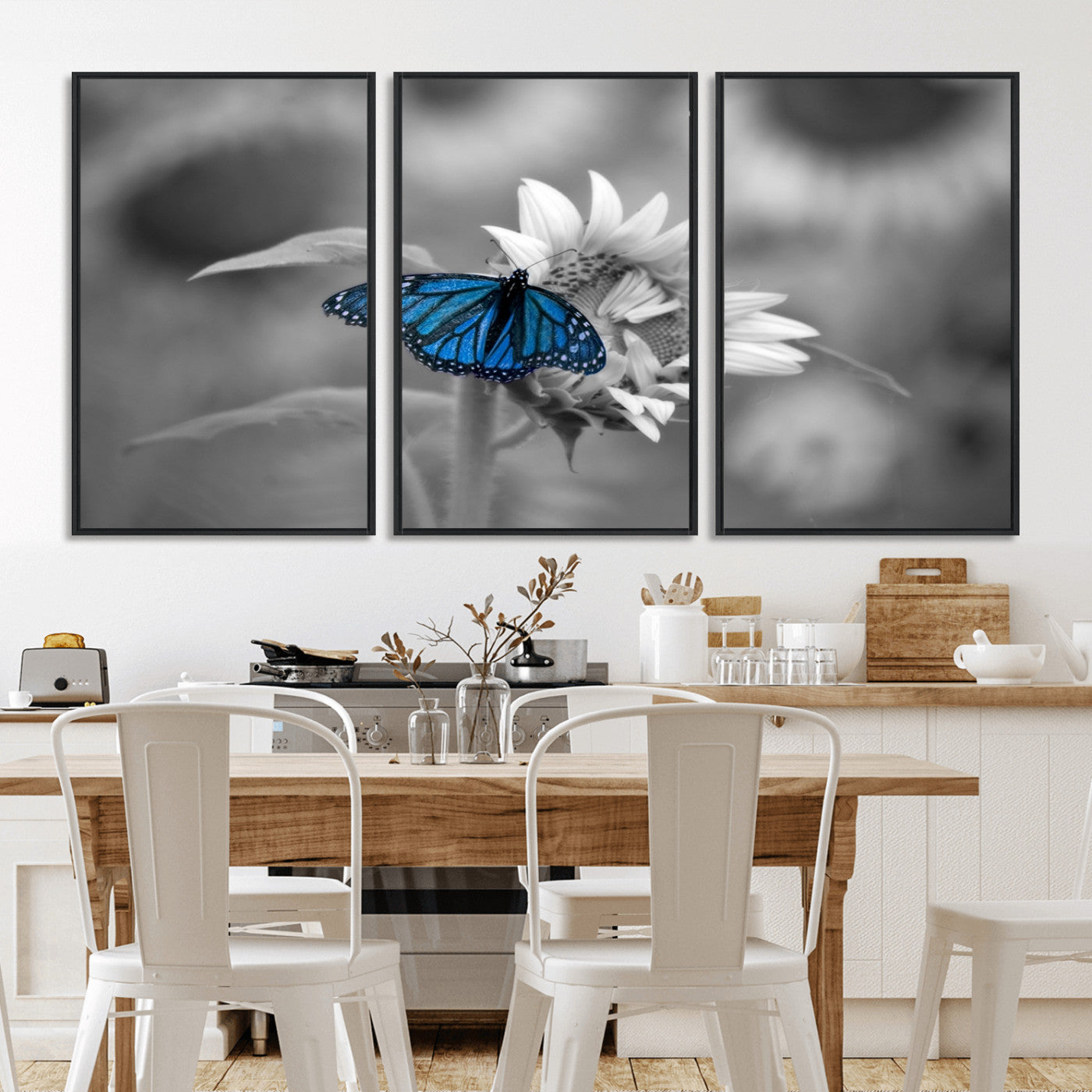 -Blue Butterfly Black and White Canvas Wall Art