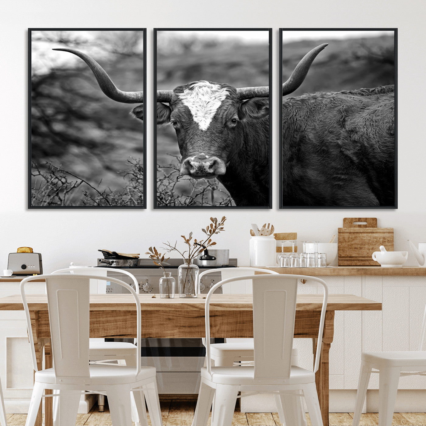 -Western Home Wall Art Canvas Print, Framed Texas Longhorn Art Picture Print, Rustic Cow Perfect Rustic Farmhouse Decor Artwork