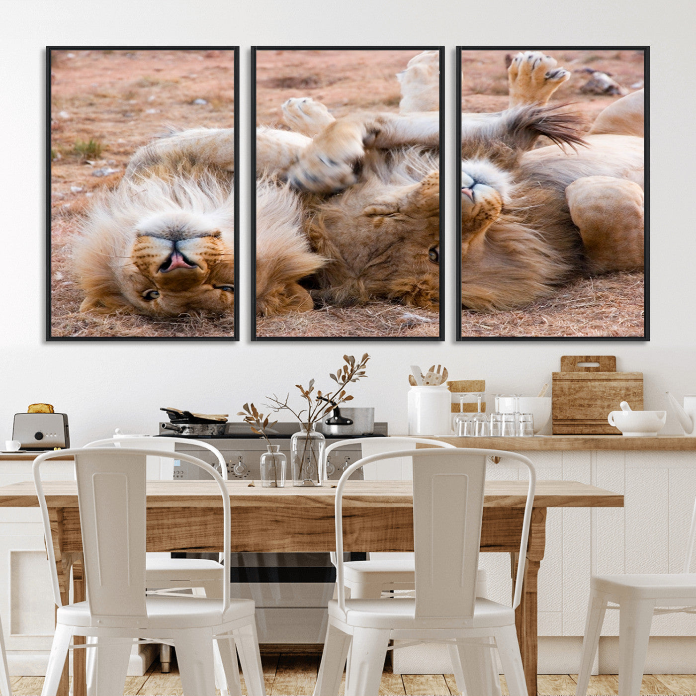 -Lion Pair Wall Art Canvas Print – Framed Wildlife Scene with Playful Lions Artwork for Home, Office, Living Room