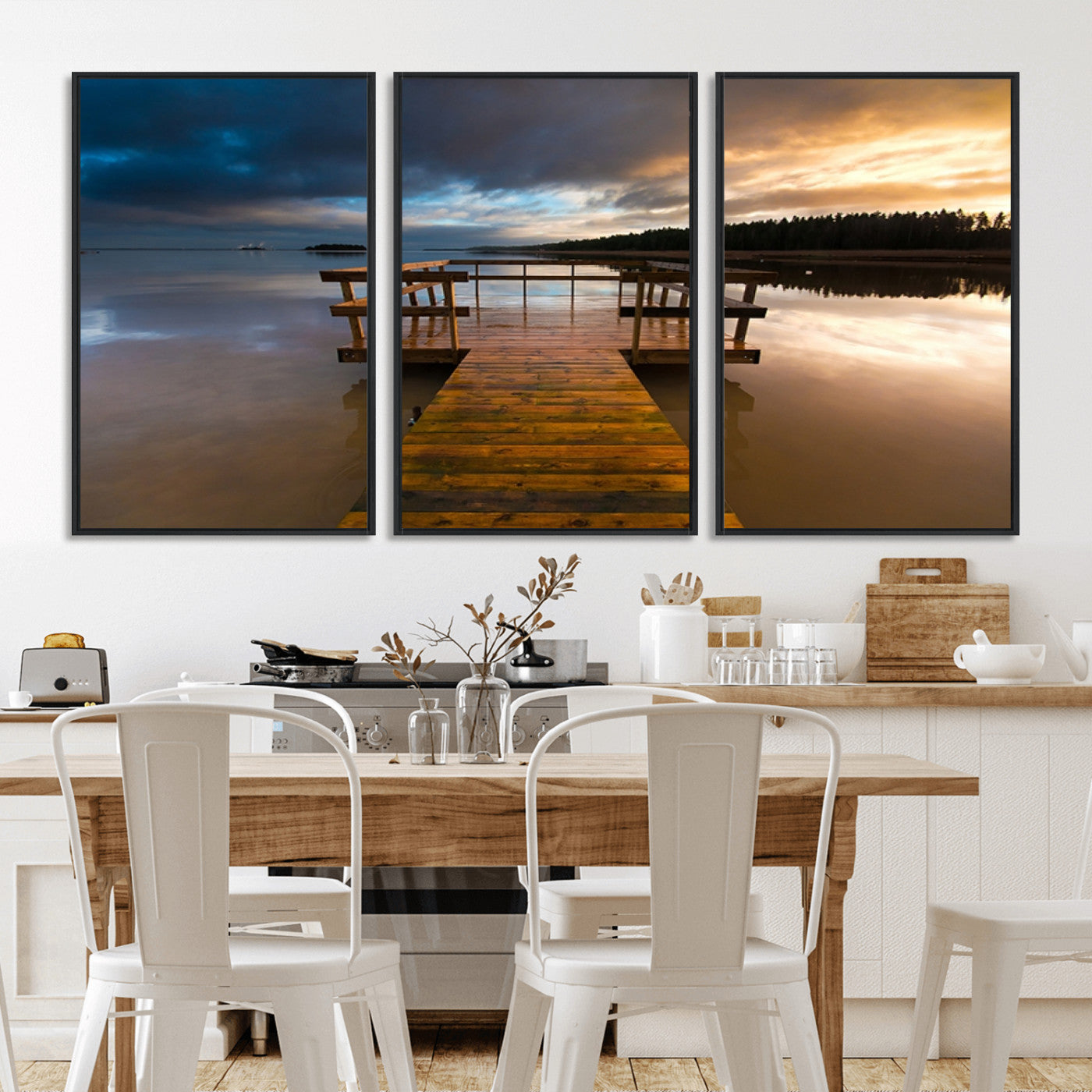 -Serene Lake Pier at Sunset Canvas Print | Landscape Canvas Print | Ready to Hang and Framed Wall Art