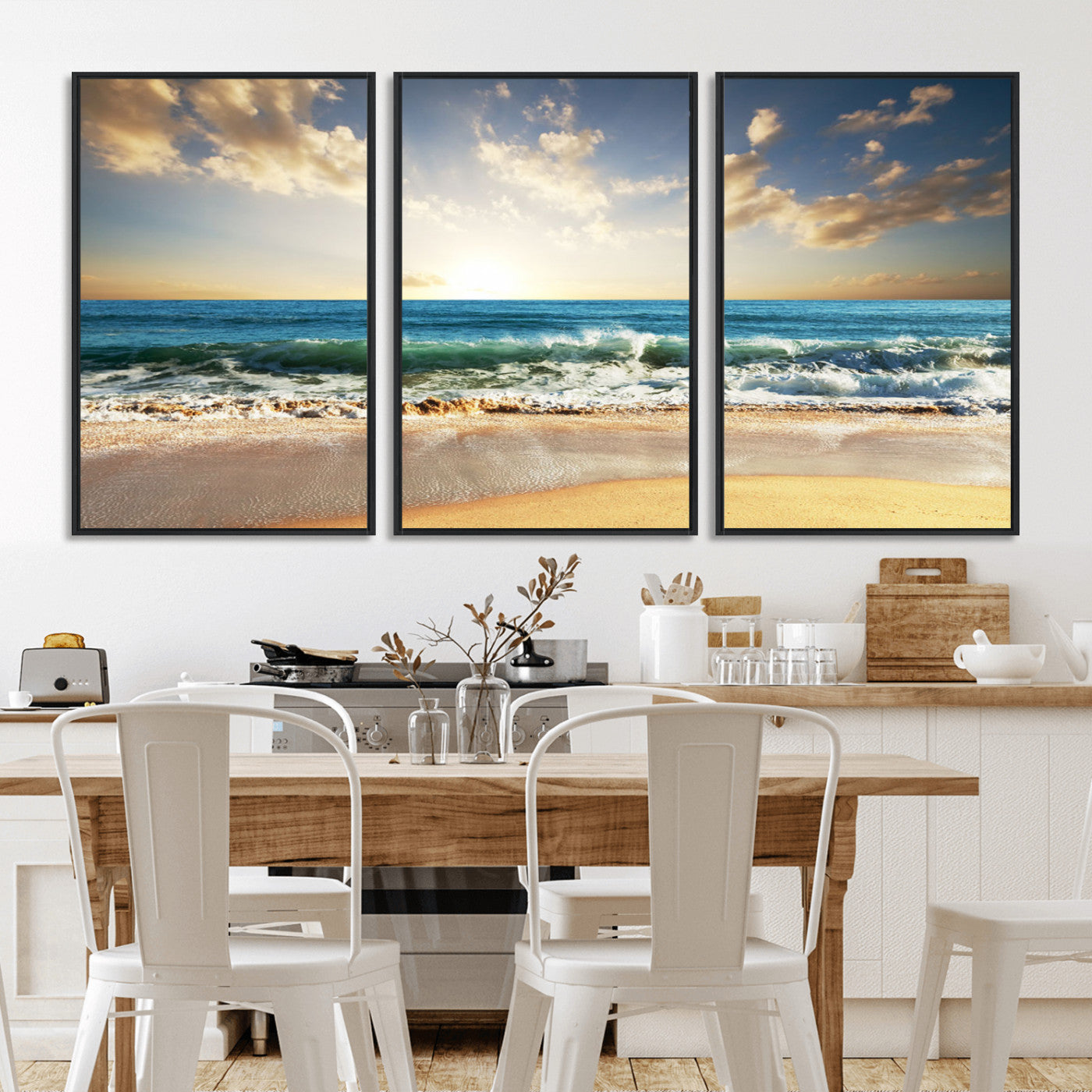 83376-MGV-CV-36X24-Golden Sunset Beach Triptych Canvas Wall Art for Living Room – 3-Panel Ocean View, Framed & Ready to
