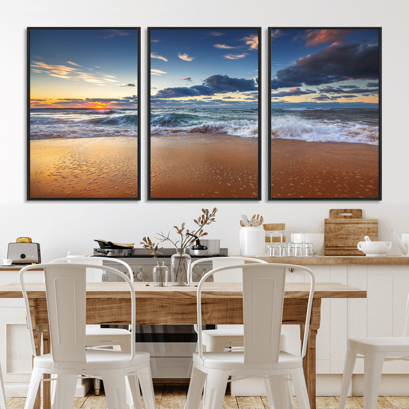 85899-MGV-FC-60X30-3P_Black-Beach Canvas Wall Art - Coastal Seascape Print for Living Room or Bedroom, Ocean Waves on Sand,