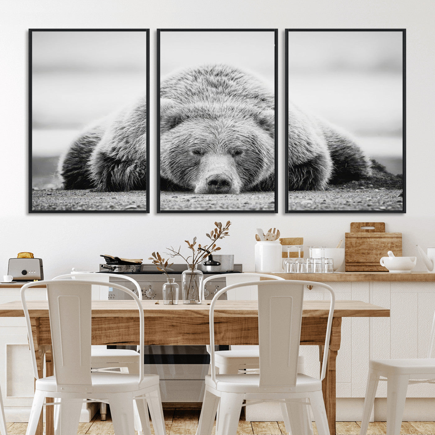 -Resting Grizzly Bear Wall Art Canvas Print – Majestic Lazy Black and White Wildlife Bear Art,