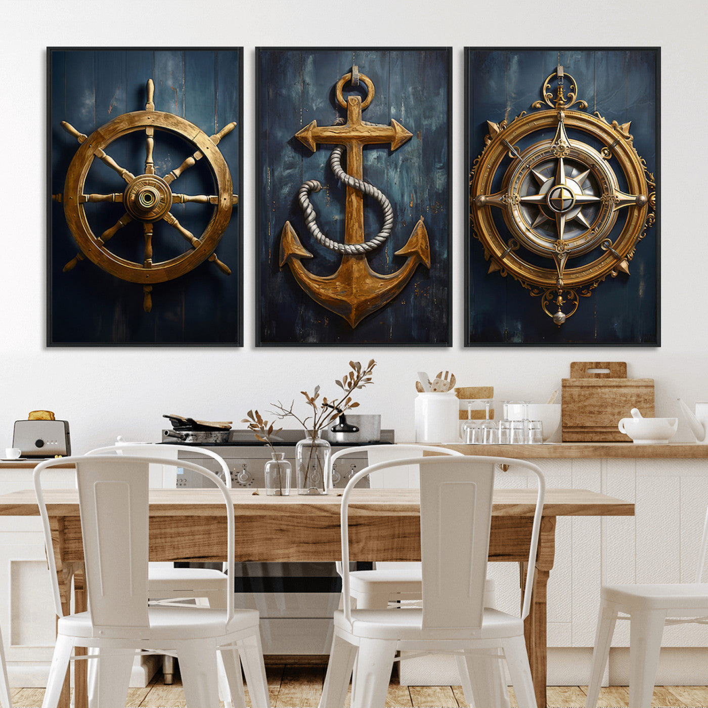 56214-MGV-FC-60X30-3P - Boat Anchor Compass With Rope Wall Art Canvas Print | Beach House Wall Art