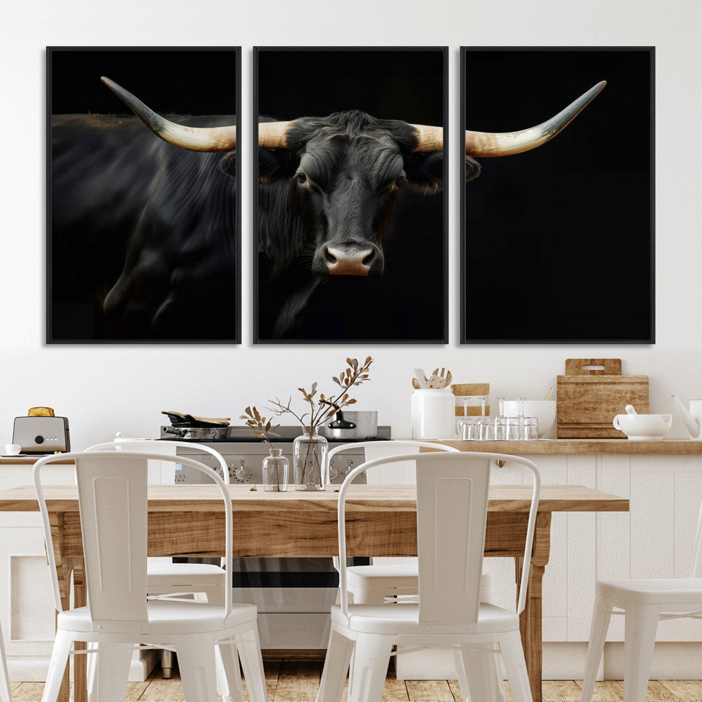 -Black Bull Wall Art – Majestic Longhorn Canvas Print with Dark Background, Rustic Western Farmhouse Decor for Living Room or Office