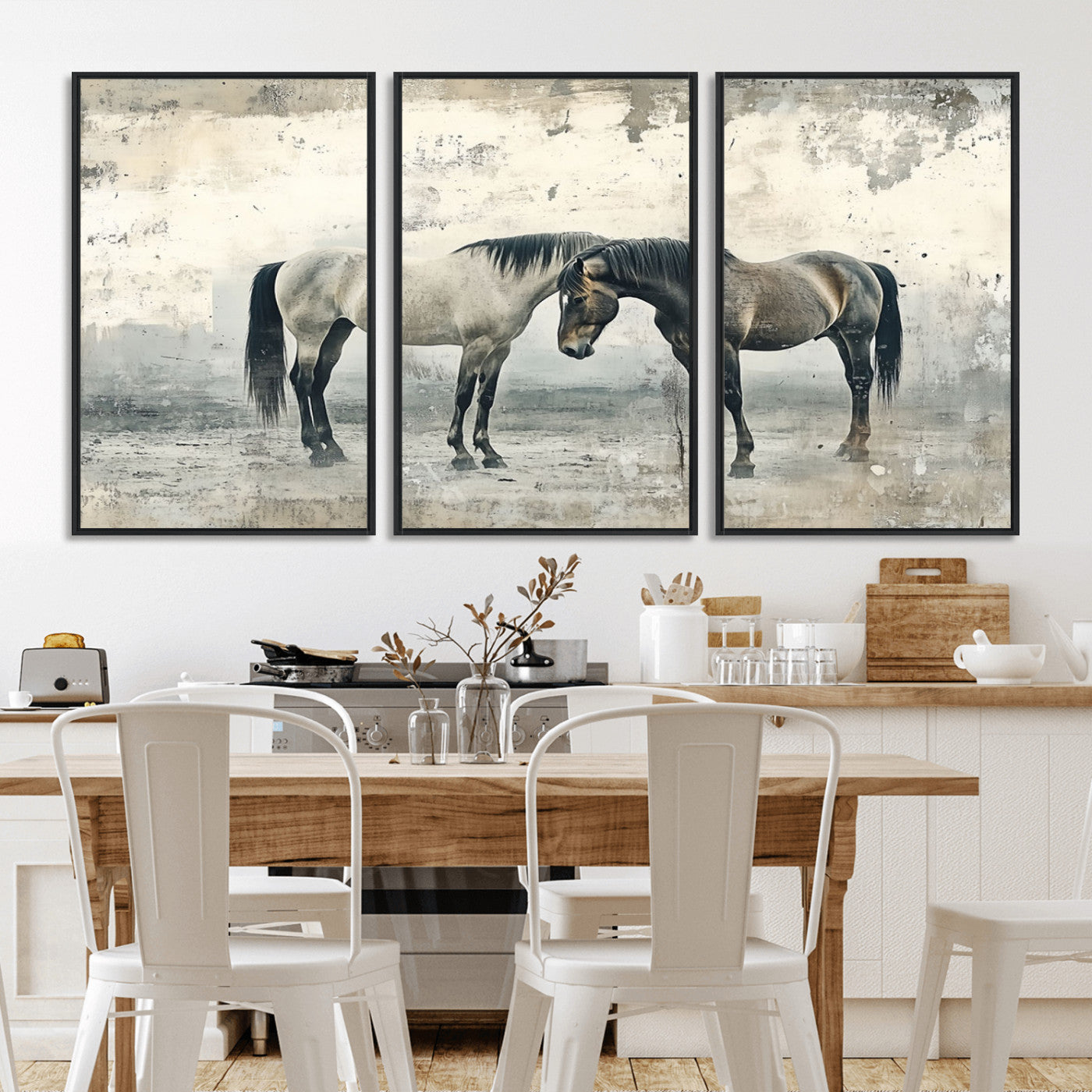 -Chines Style Majestic Horses Wall Art | Ready to Hang and Framed Triptych Print | Western Farmhouse