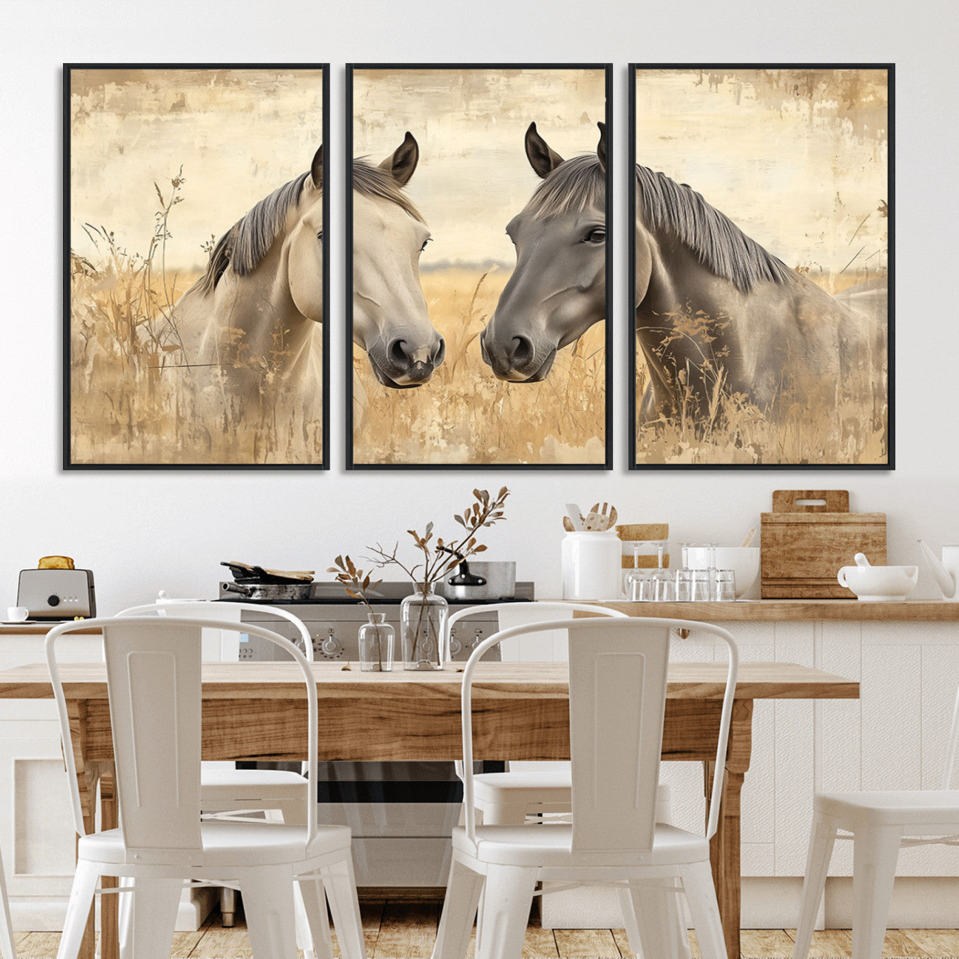 -Chines Ink Style Grunge Horses Wall Art Canvas Print