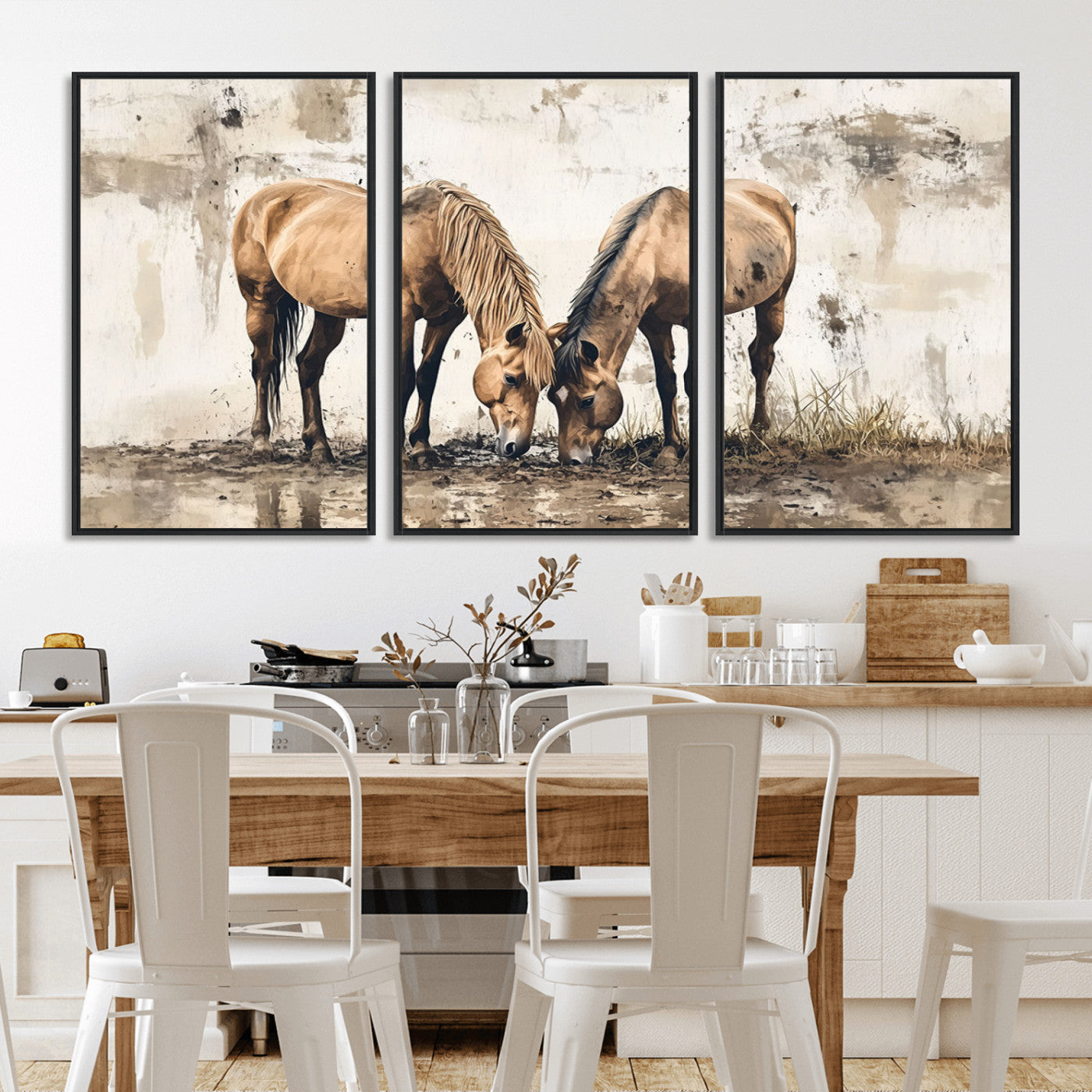 -Vintage Horses Wall Art | Ready to Hang and Framed Triptych | Western Farmhouse Wall Decor for