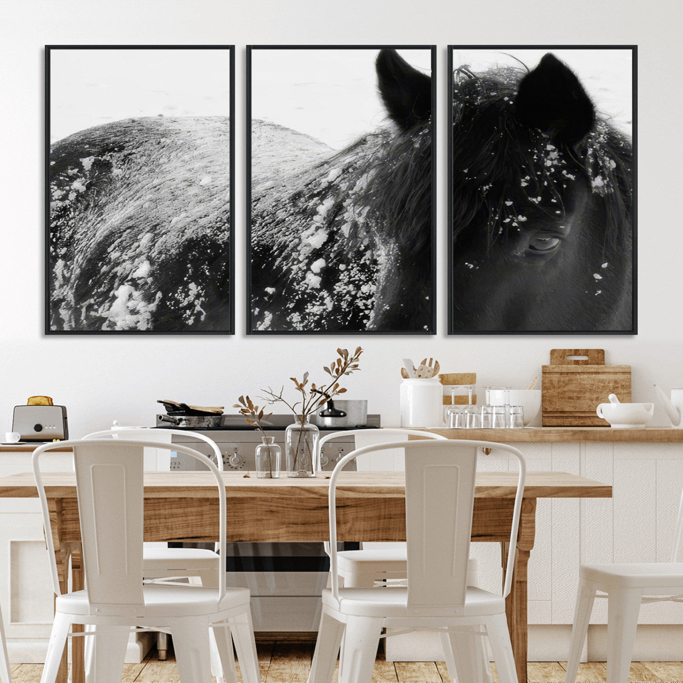 -Black Horse in Snow Canvas Print | Winter Horse Wall Art | Ready to Hang and Framed | Farmhouse Wall