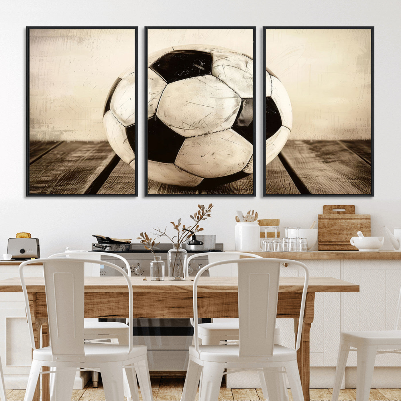 -Vintage Soccer Ball Wall Decor Canvas Art – 3-Panel Soccer Wall Decor, Framed and Ready to Hang