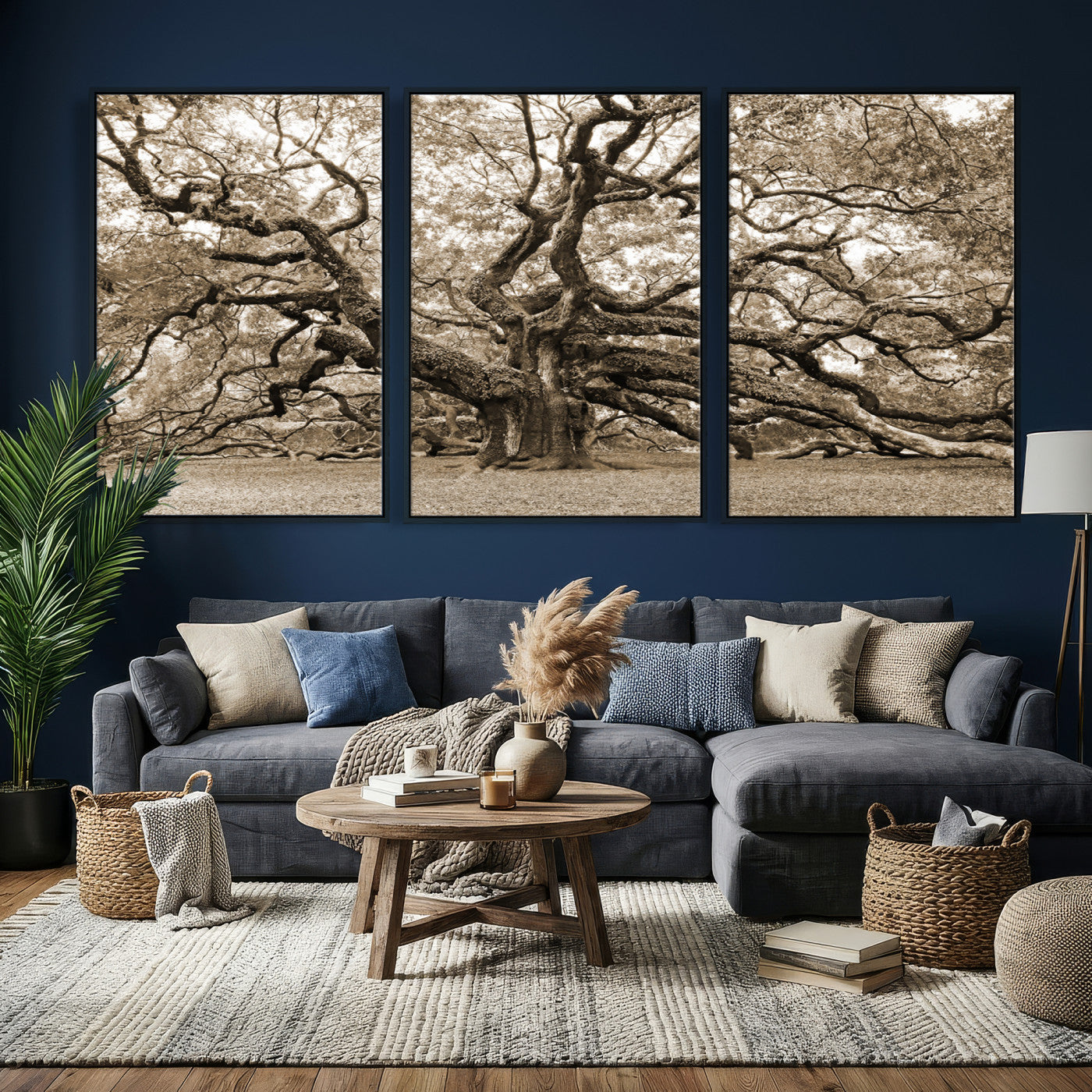 51126-MGV-CV-36X24 - Sepia Framed Angel Oak Tree Wall Art - 3-Panel Canvas Prints, Large Green Nature Artwork, Ready to
