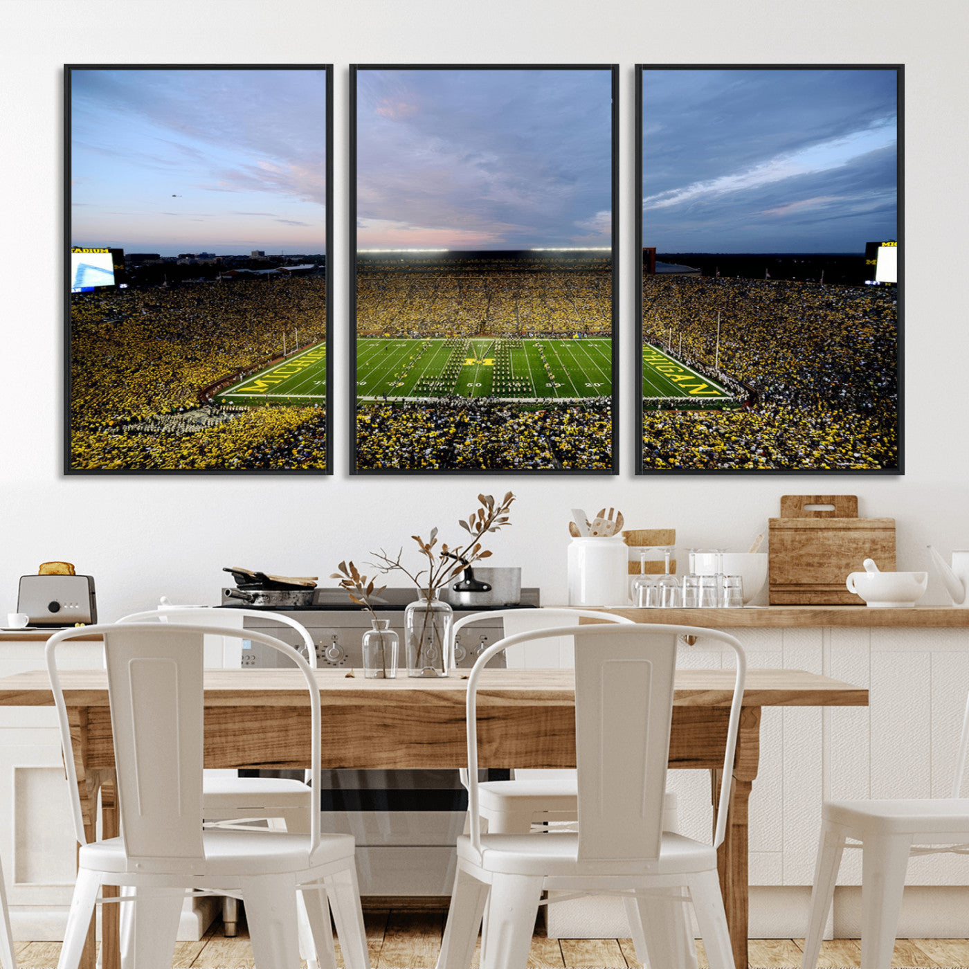 82641-MGV-FC-60X30-3P - Michigan Stadium Wall Art Canvas Print, Vibrant Game Day Crowd and Sunset Sky Football Field Artwork for Home, Office