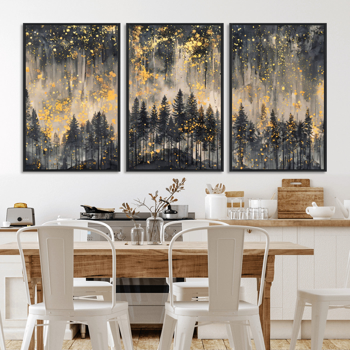 46049-MGV-CV-36X24-Golden Forest Abstract Wall Art | Dark Forest with Gold Splatter Accents | Triptych Ready to Hang