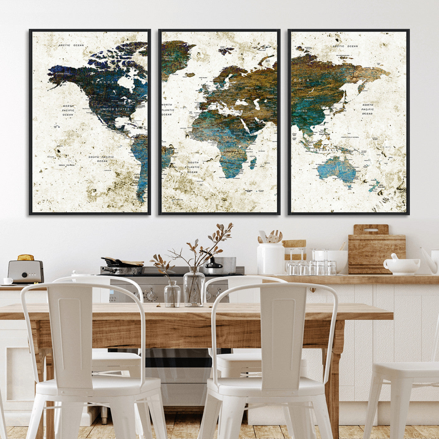 89176-MGV-CV-36X24-Vintage Blue and Brown World Map Canvas Wall Art – Framed Rustic Map Print, Earth Tone Travel Decor for Stylish Home and Office Walls