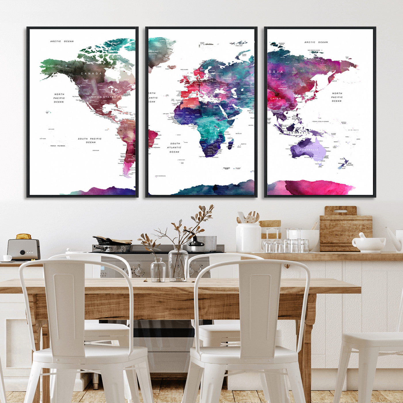 78176-MGV-CV-36X24-Colorful Watercolor World Map Canvas Wall Art – Framed Modern Map Print, Vibrant Travel Inspired Artwork for Home and Office Decor