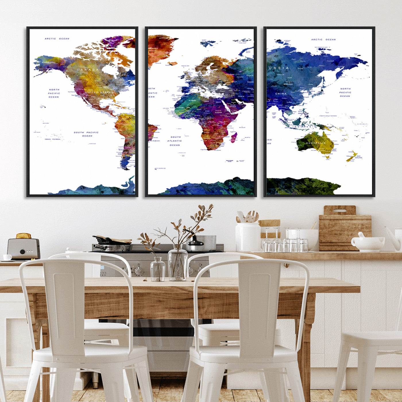 90446-MGV-CV-36X24-Colorful Watercolor World Map Canvas Wall Art – Framed Modern Push Pin Travel Map for Home and Office Decor