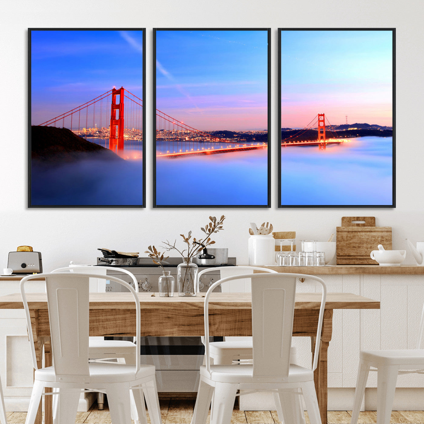 MGV-FC-60X30-3P - Golden Gate Bridge Wall Art Print, San Francisco Sunset Canvas Wall Art, Cityscape Canvas Print for