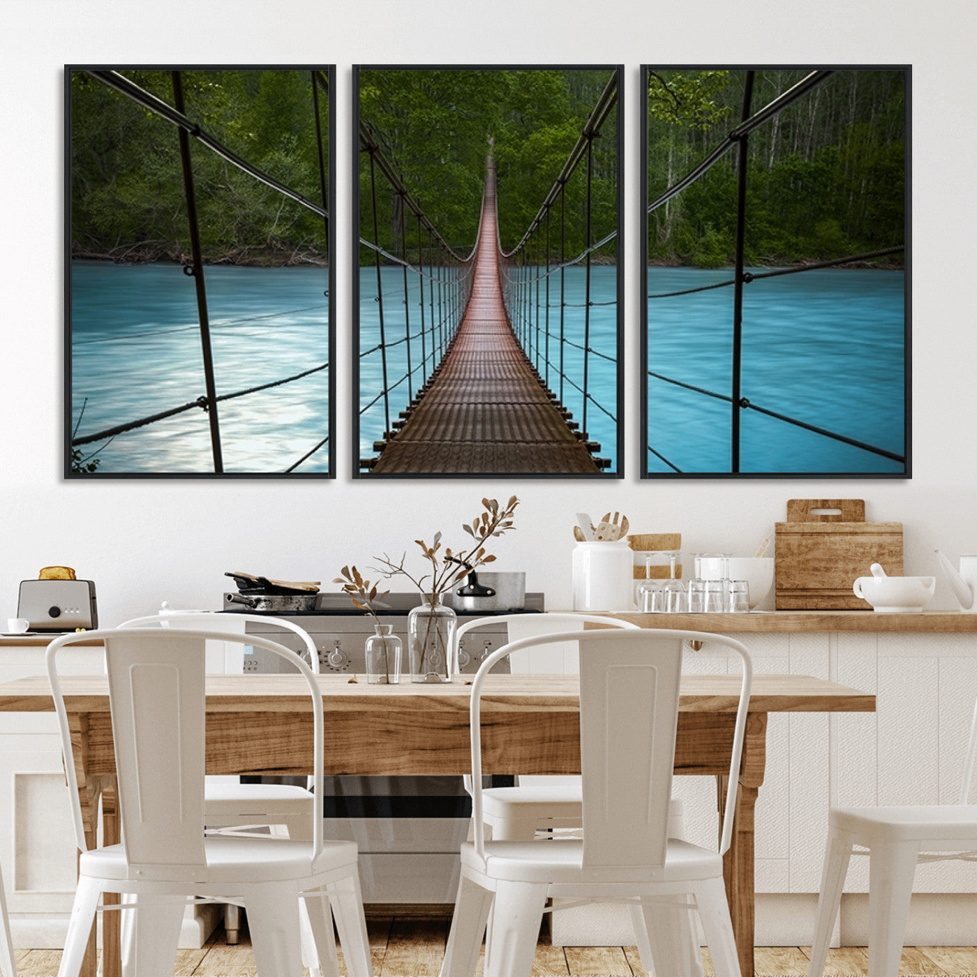-Suspension Bridge Over River Canvas Art | 3-Panel Nature Photography | Scenic Wall Art for Living