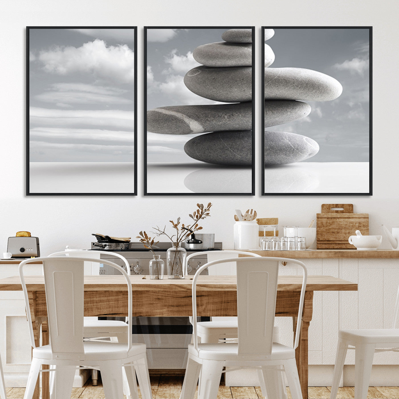 -Still Life Black and White Zen Stones Wall Art Canvas, Framed Black and White Zen Stones Canvas