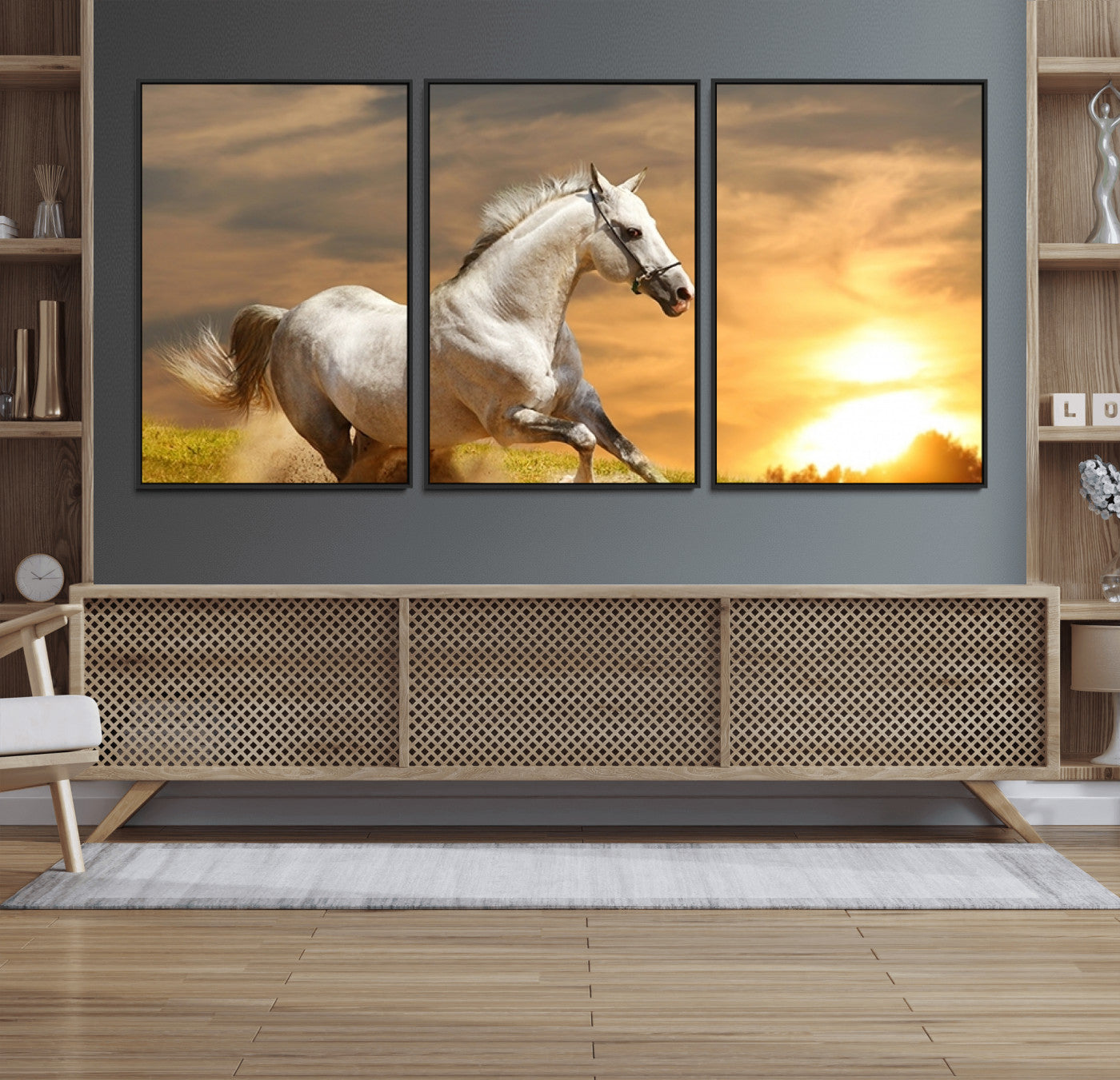 27413-MGV-FC-60X30-3P_Black-Large Wall Art Galloping White Horse at Sunset Canvas Print