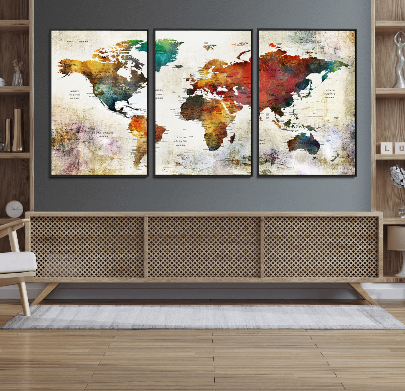 92207-MGV-FC-60X30-3P_Black-Watercolor World Map Canvas Print – Framed Push Pin Wall Art for Couples, Artistic Travel Map for Modern Home and Office Decor