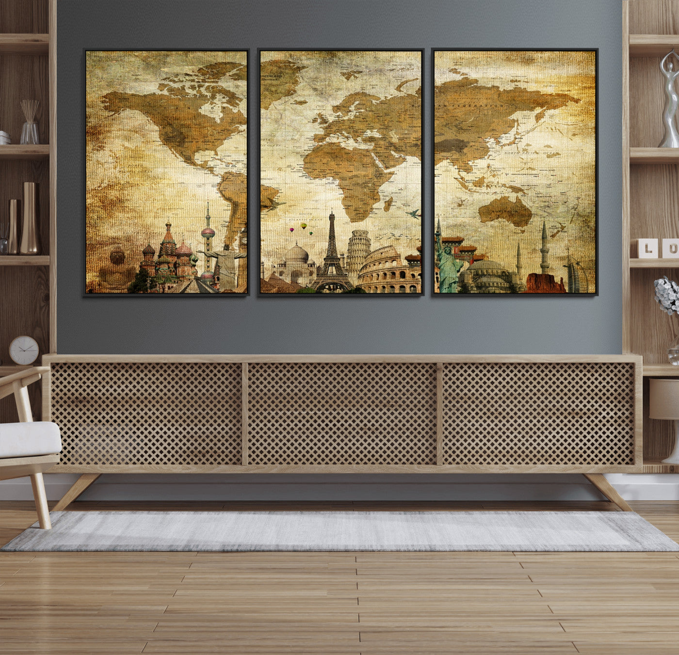 97849-MGV-FC-60X30-3P_Black-Vintage World Map Canvas Wall Art – Framed Push Pin Travel Map with Famous Landmarks, Rustic Home and Office Decor Artwork for Travelers