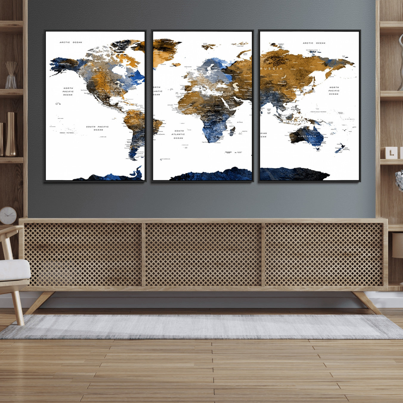 56231-MGV-FC-60X30-3P_Black-Navy and Gold World Map Canvas Wall Art – Framed Modern World Map Print, Elegant Travel Inspired Artwork for Home and Office Decor
