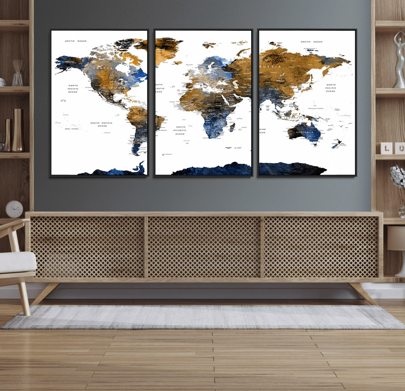 56231-MGV-FC-60X30-3P_Black-Navy and Gold World Map Canvas Wall Art – Framed Modern World Map Print, Elegant Travel Inspired Artwork for Home and Office Decor