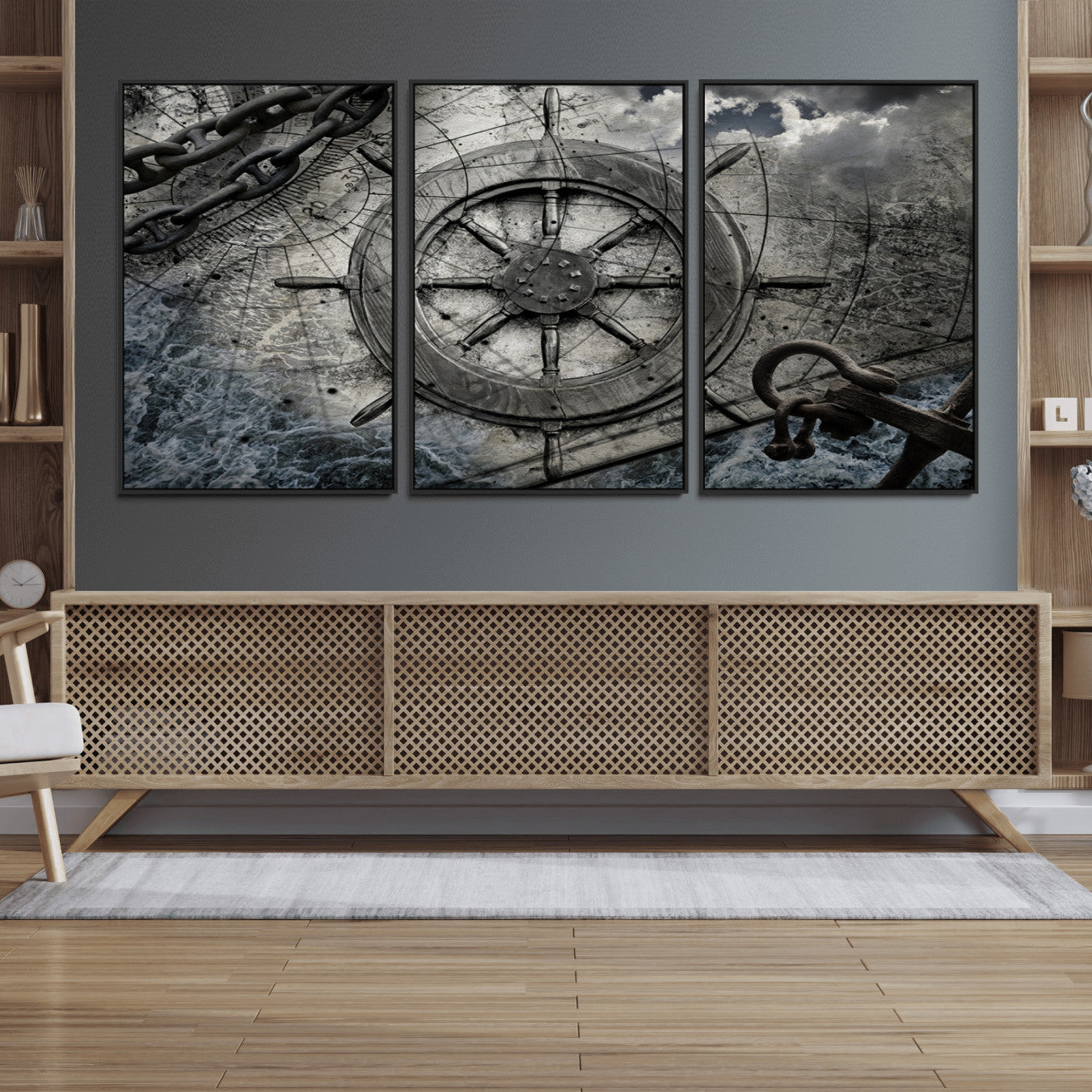 36770-MGV-FC-60X30-3P_Black-Ship Steering Wheel Vintage Wall Art Canvas Print