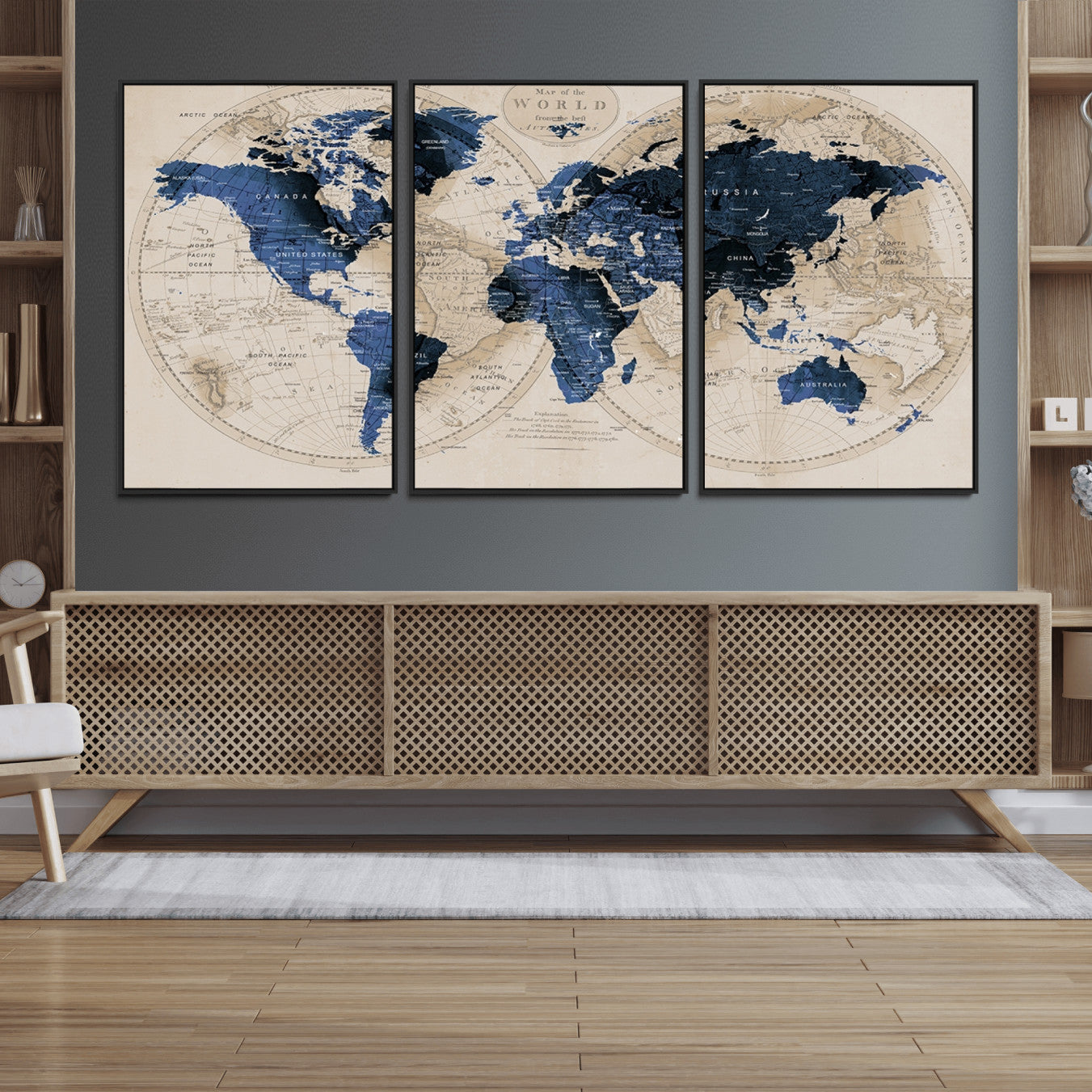 -Vintage Blue World Map Canvas Wall Art – Antique Style Framed Map Print, Elegant Travel Decor for Home Office or Study