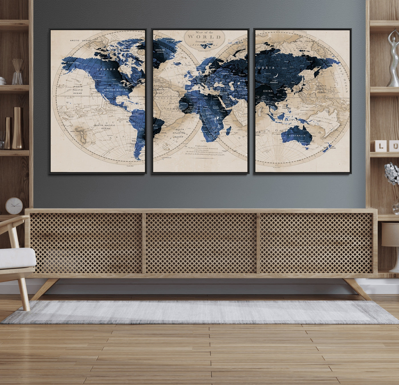 67444-MGV-CV-36X24-Vintage Blue World Map Canvas Wall Art – Antique Style Framed Map Print, Elegant Travel Decor for Home Office or Study