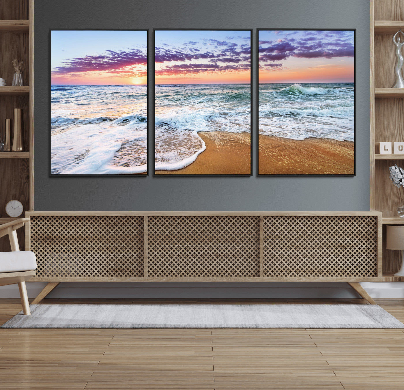53006-MGV-FC-60X30-3P_Black-Coastal Sunset Art Beach Canvas Wall Art Print | Ocean Waves Wall Art | Large 3-Panel Seascape for