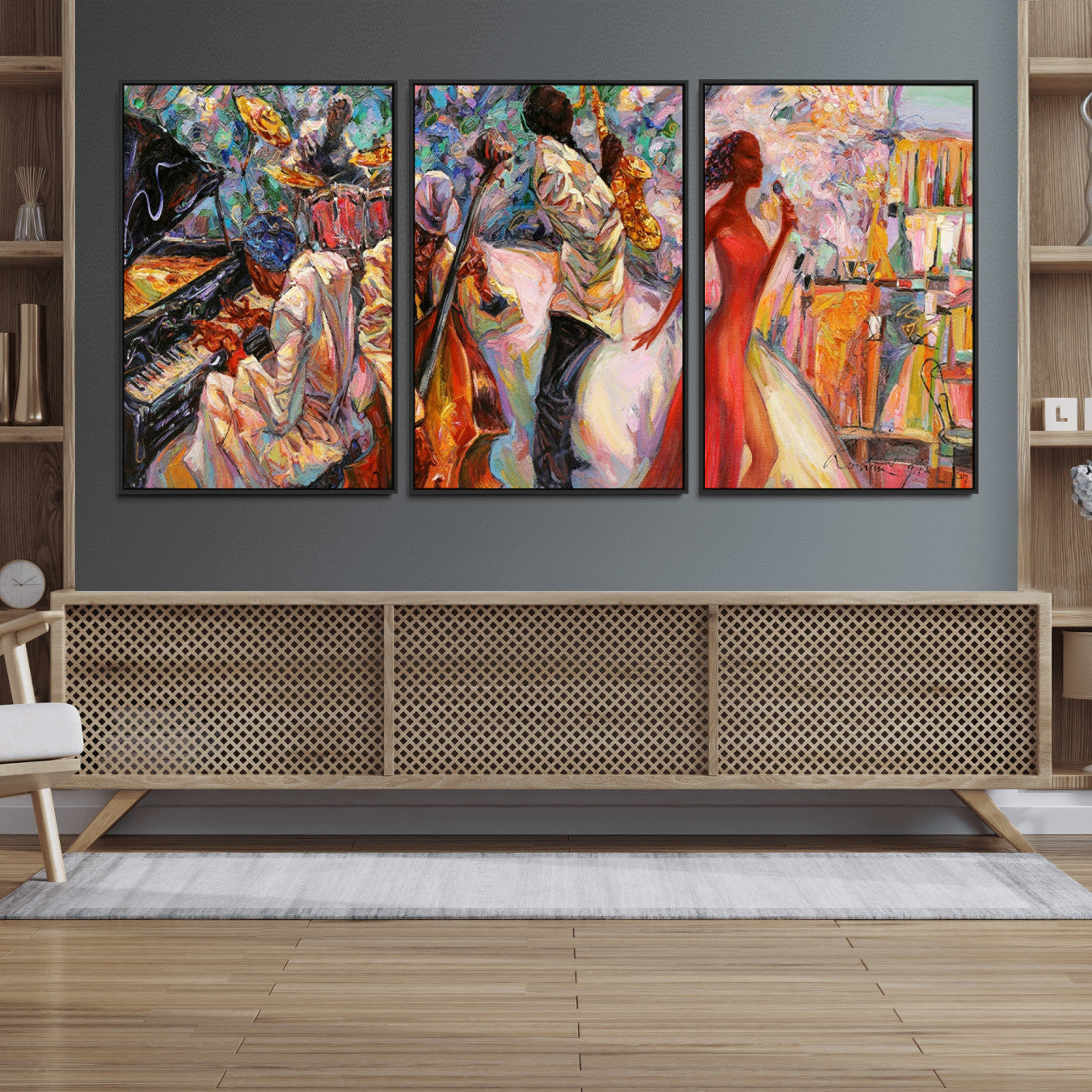 40574-MGV-FC-60X30-3P_Black-Abstract Afro American Jazz Canvas Wall Art | Music-Inspired Painting for Dining Room, Living Room,