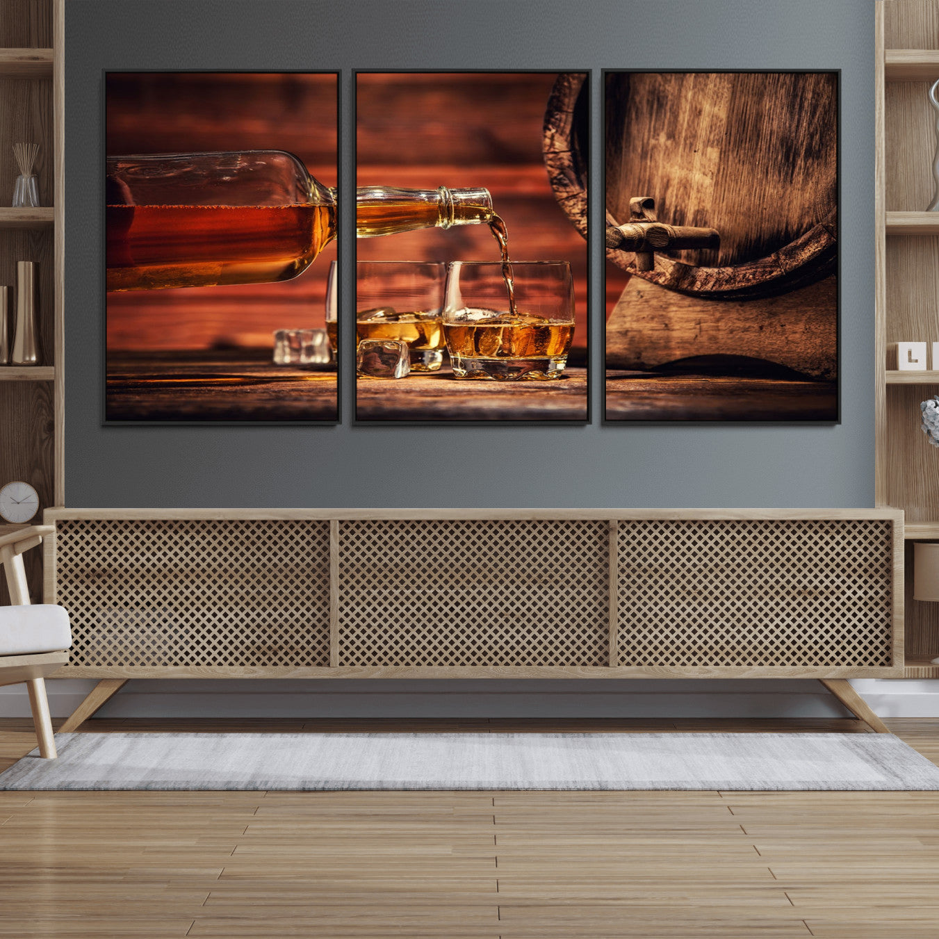 21266-MGV-FC-60X30-3P_Black-Whiskey and Cigar Canvas Wall Art | 3 Panel Bar Room Decor for Home Lounge, Office, or Man Cave |