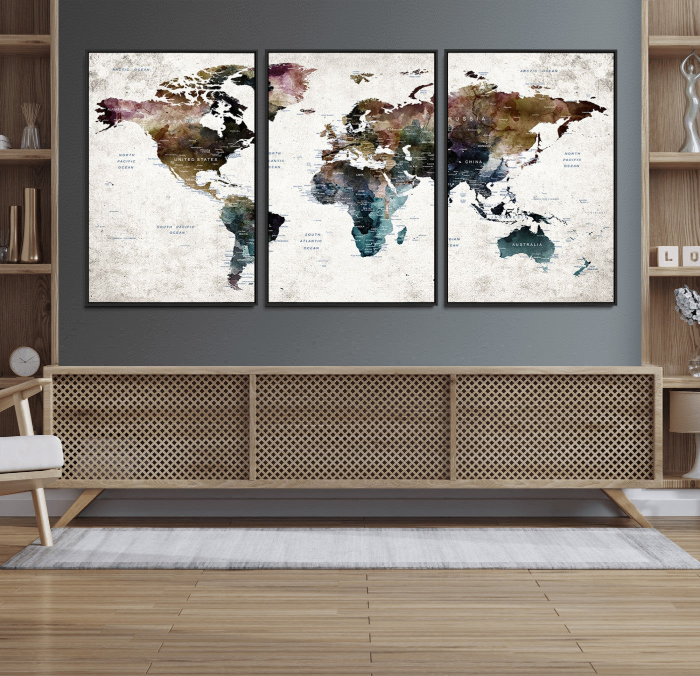 42478-MGV-FC-60X30-3P_Black-Push Pin World Map Canvas Print – Framed Travel Map Wall Art for Couples, Anniversary Gift, Modern Home or Office Decor