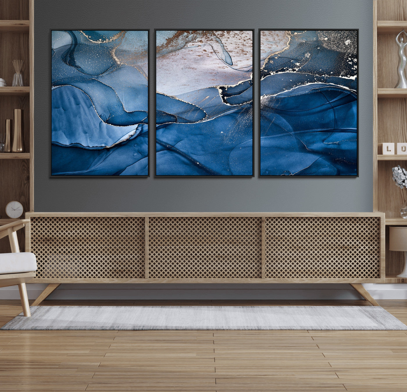 27810-MGV-FC-60X30-3P_Black-Navy Blue Canvas Art Abstract Print – Elegant Triptych Modern Art Print – Contemporary Decor for Living Room or Office