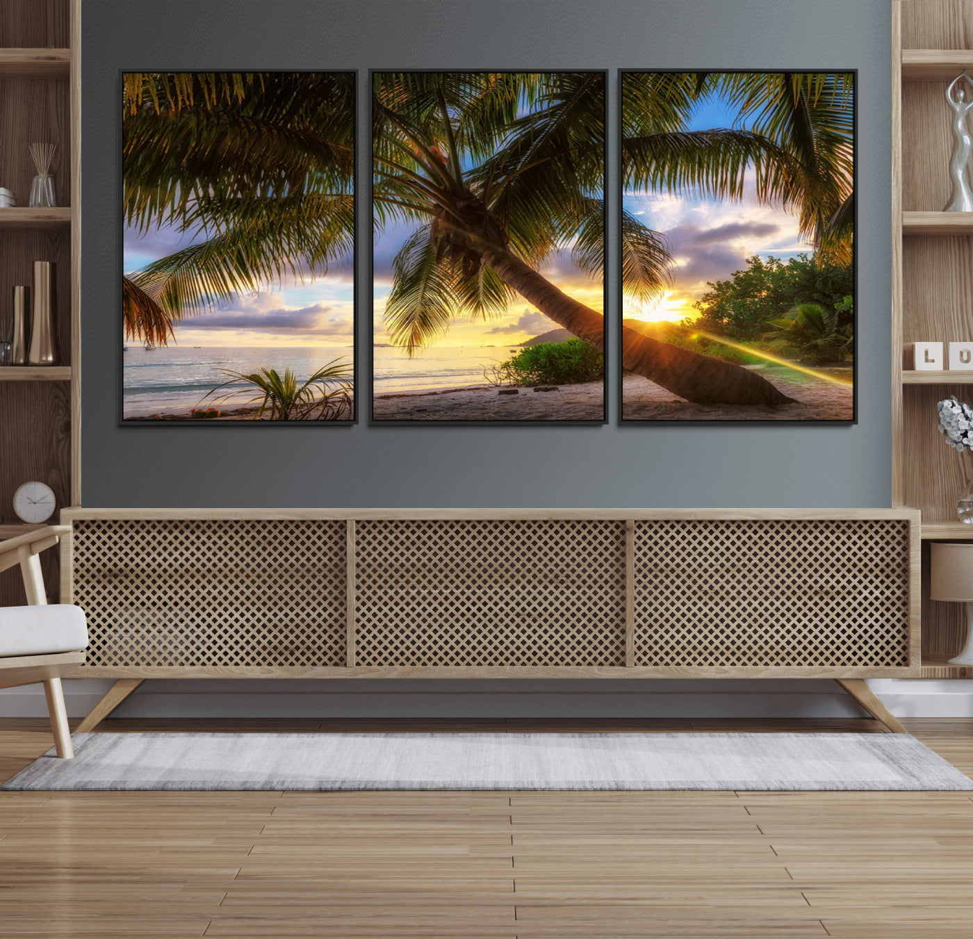 49751-MGV-FC-60X30-3P_Black-Tropical Island Sunset on the Beach Palms Wall Art Canvas Print