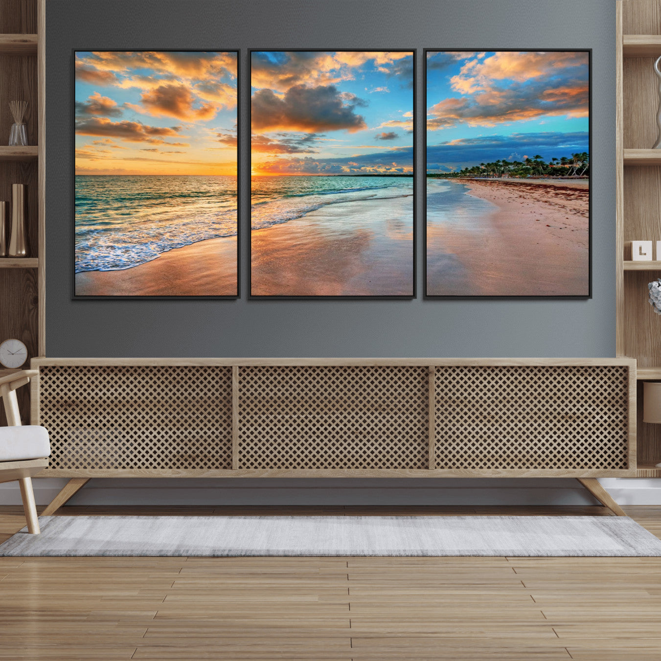 41572-MGV-FC-60X30-3P_Black-Sunset Beach Canvas Wall Art – Tropical Triptych Seascape Print – Coastal Ocean Decor for Living