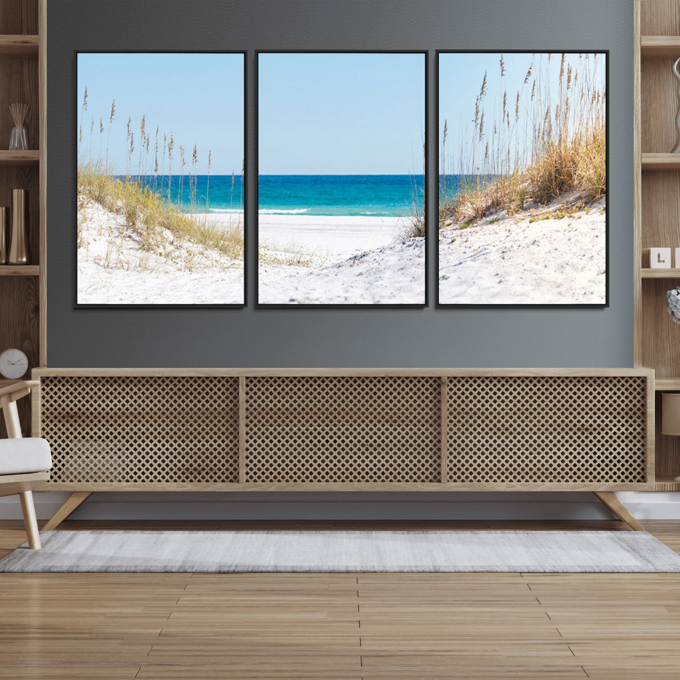 58498-MGV-FC-60X30-3P_Black-Serene Coastal Dune Path with Ocean View, 3-Panel Beach Canvas Wall Art, Tranquil Seascape Giclee