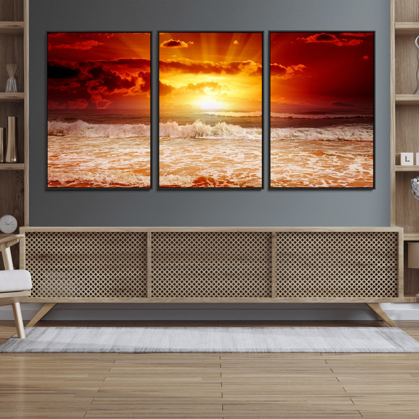 -Red Sunset Ocean Beach Canvas Wall Art Beach Canvas, Coastal Sunset Print