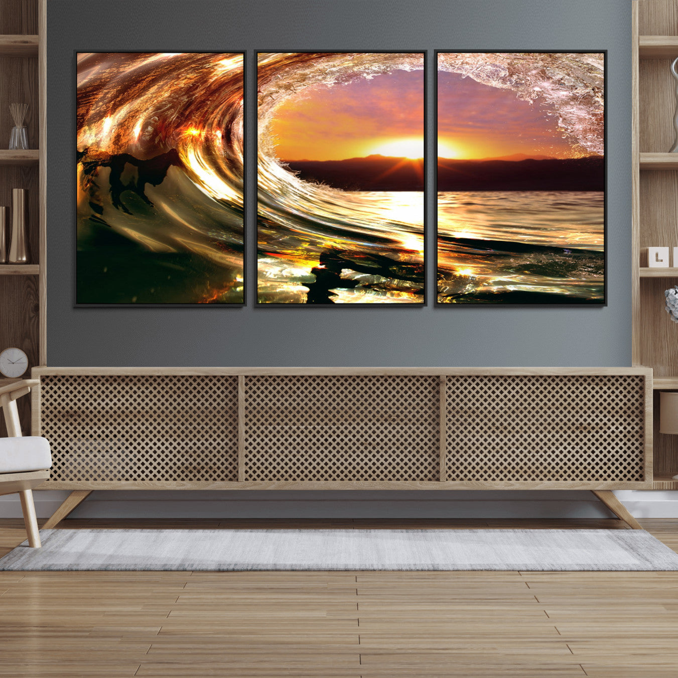 71523-MGV-FC-60X30-3P_Black-Golden Wave Sunset Triptych Canvas Art, Giclee Canvas Print of Ocean Wave and Sunset, Framed Ocean