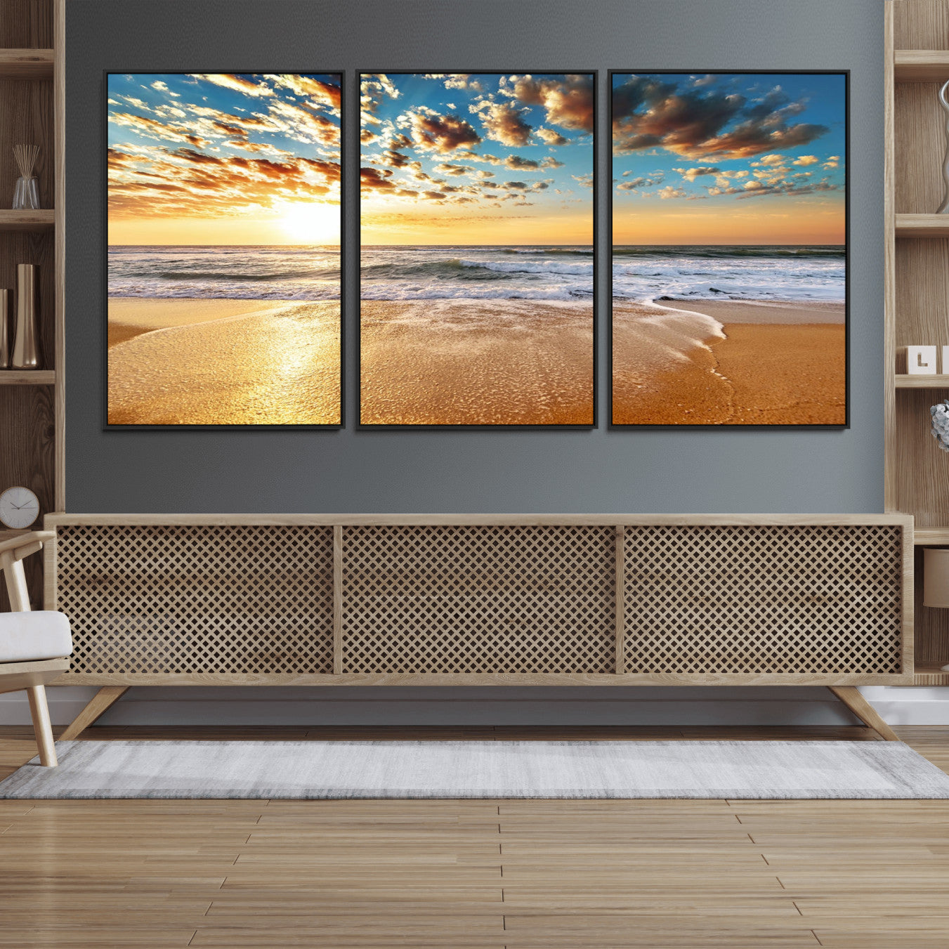 30822-MGV-FC-60X30-3P_Black-Golden Sunset Beach Print Canvas Wall Art, Giclee Canvas Print with Canon Print Quality, Triptych