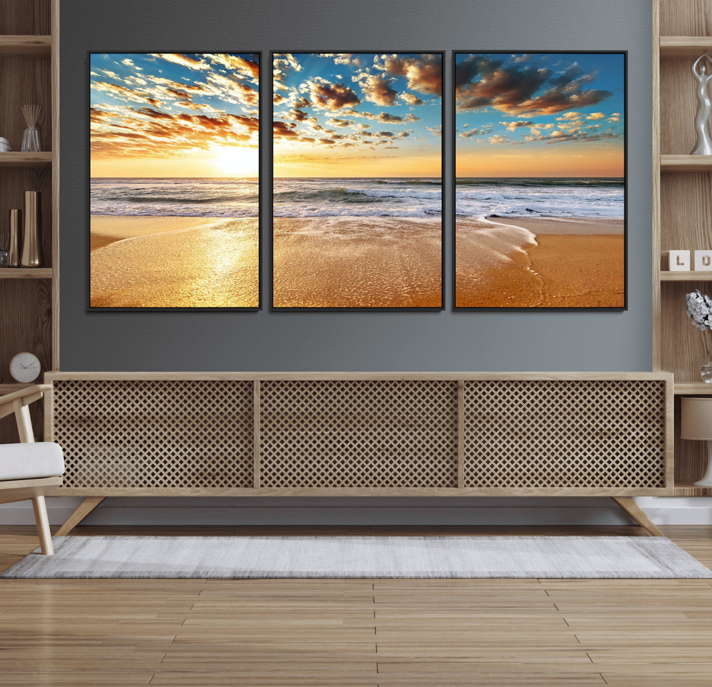 30822-MGV-FC-60X30-3P_Black-Golden Sunset Beach Print Canvas Wall Art, Giclee Canvas Print with Canon Print Quality, Triptych