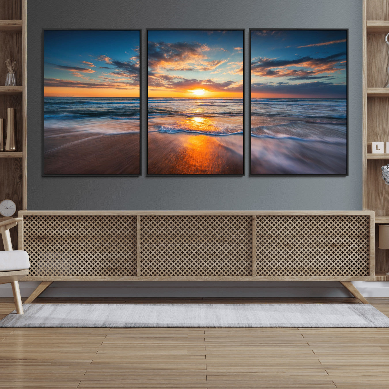72719-MGV-FC-60X30-3P_Black-Sunset on the Ocean Beach with Waves, Reflections on Sand, Coastal Wall Art Print, Beach Wall Art,