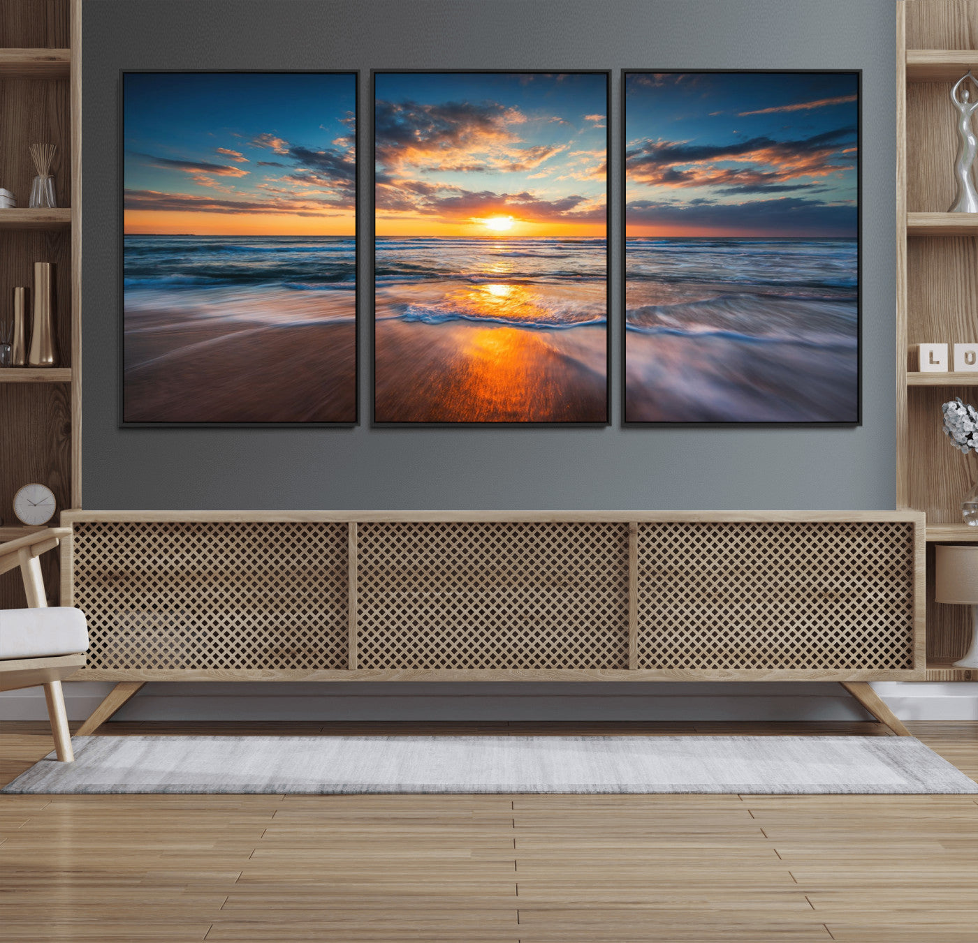 72719-MGV-FC-60X30-3P_Black-Sunset on the Ocean Beach with Waves, Reflections on Sand, Coastal Wall Art Print, Beach Wall Art,