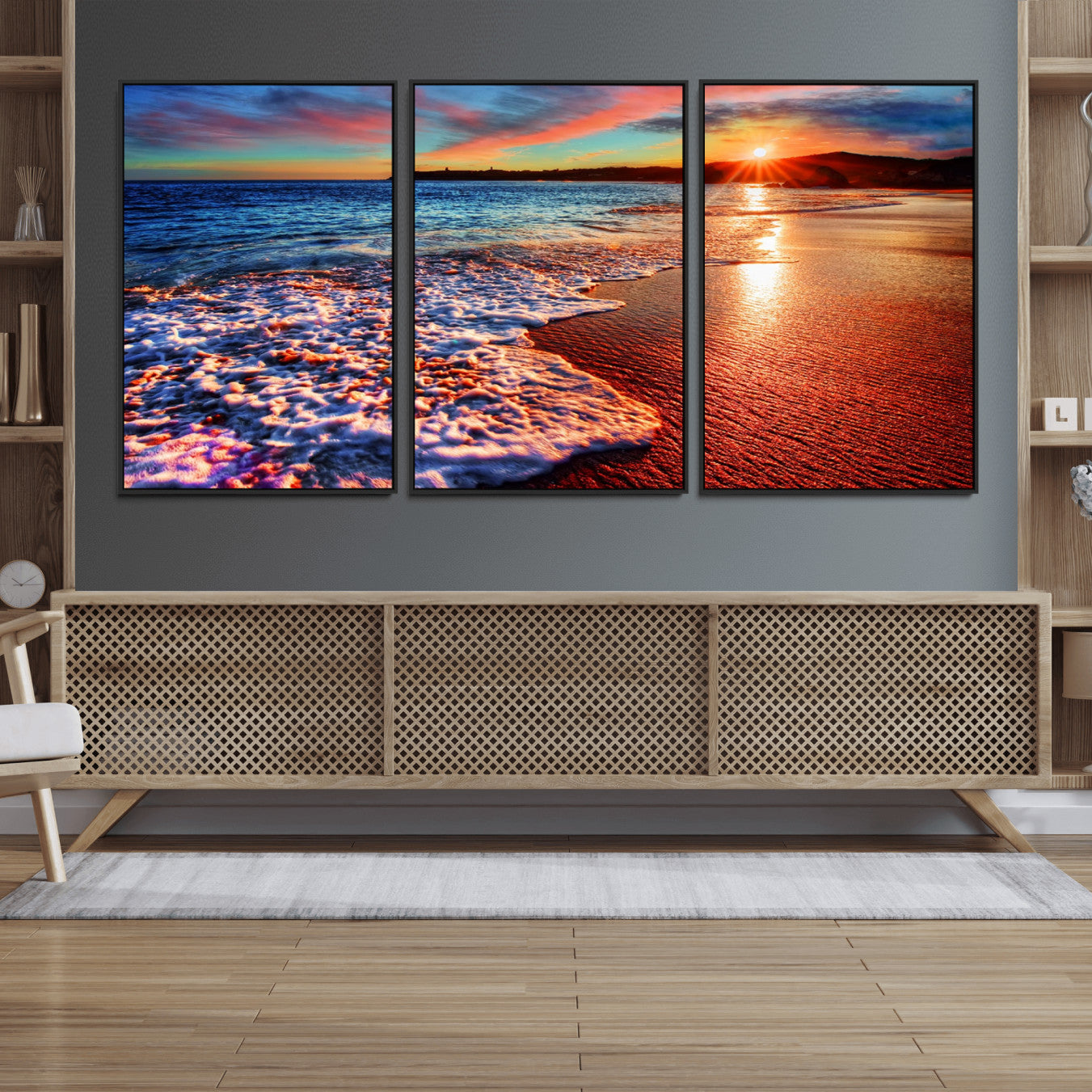 47729-MGV-FC-60X30-3P_Black-Colorful Coastal Sunset on the Beach Canvas Print, Ocean Waves Crashing at Dusk, Multi-Panel