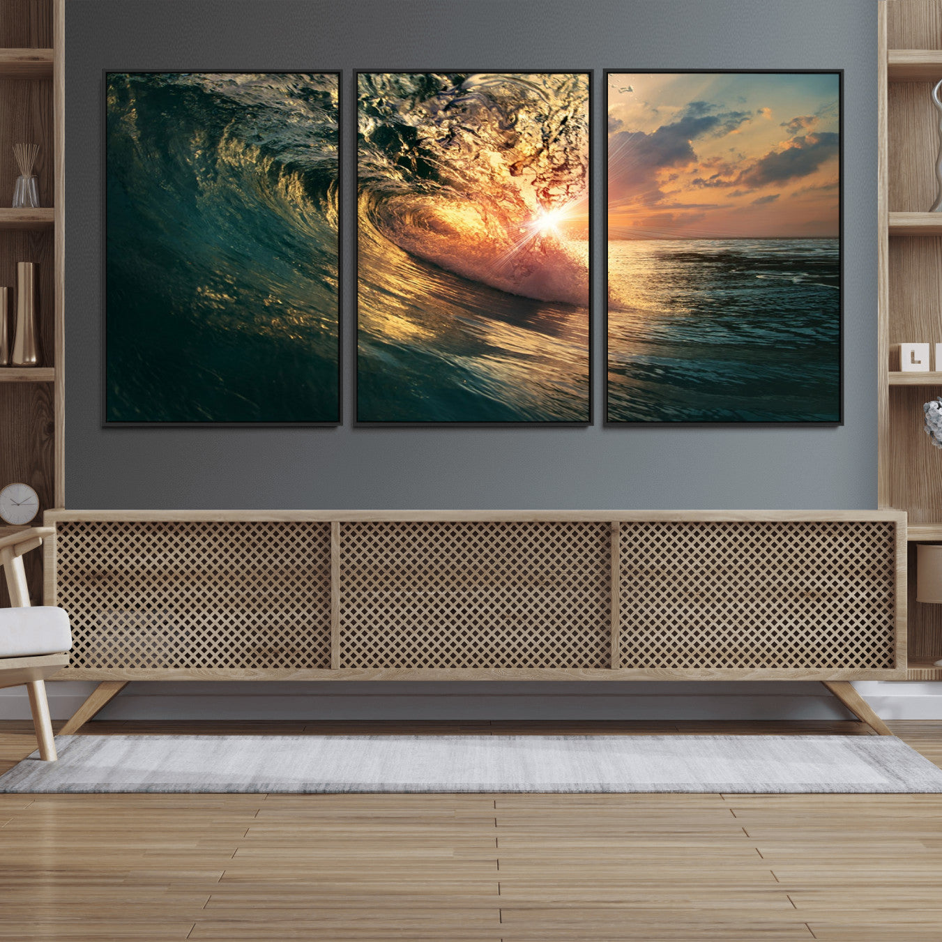 -Ocean Wave Sunset Canvas Wall Art – Triptych Seascape Print – Framed and Ready to Hang for Living