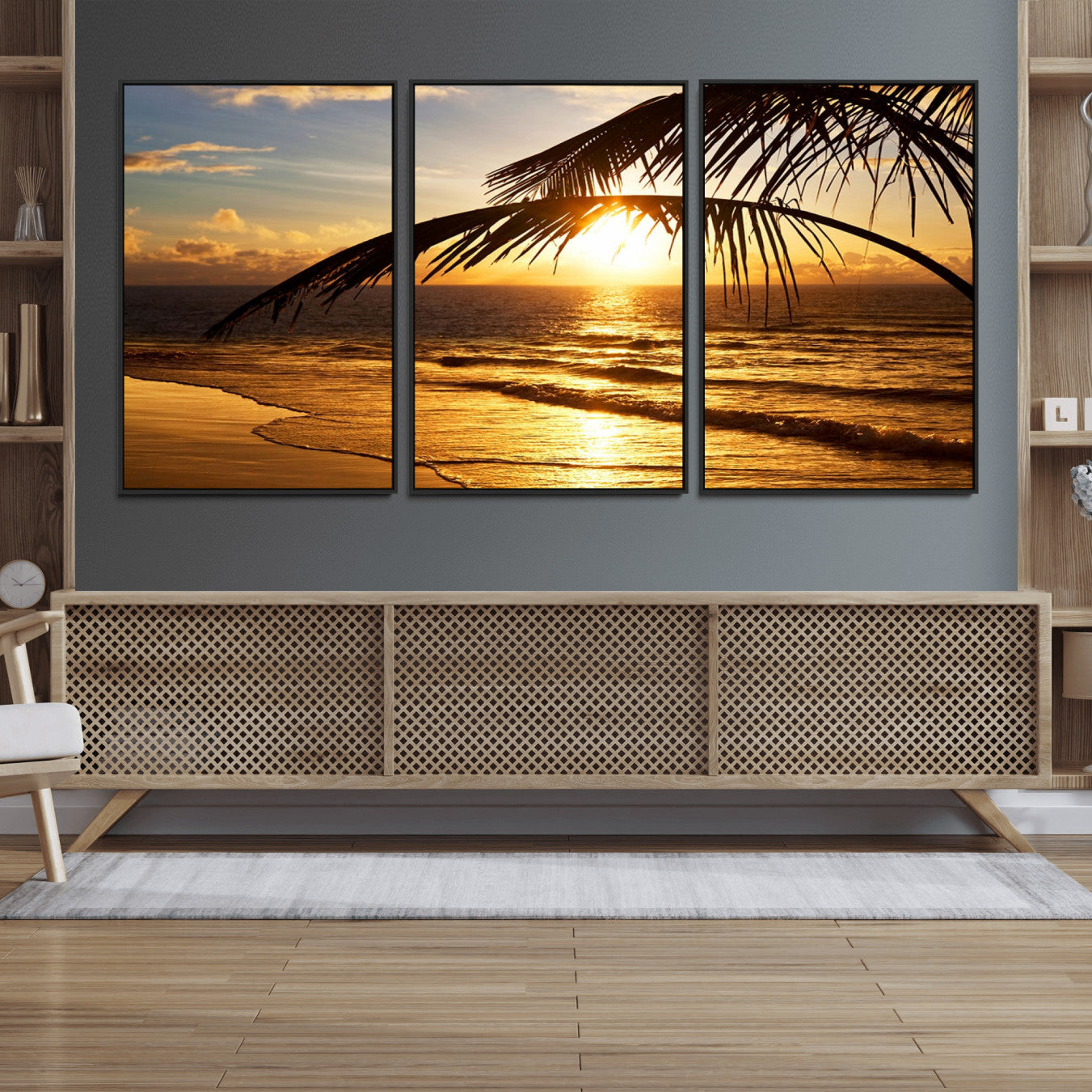 41507-MGV-FC-60X30-3P_Black-Golden Tropical Beach Sunset Canvas Triptych, Coastal Palm Tree Wall Art, Ocean Shoreline Giclee