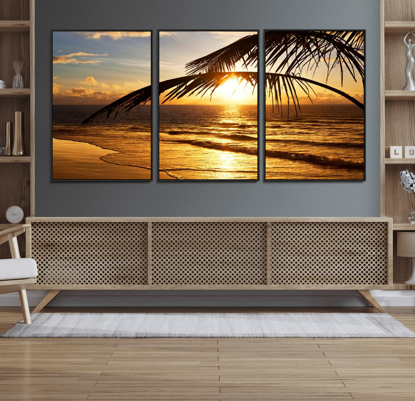 41507-MGV-FC-60X30-3P_Black-Golden Tropical Beach Sunset Canvas Triptych, Coastal Palm Tree Wall Art, Ocean Shoreline Giclee