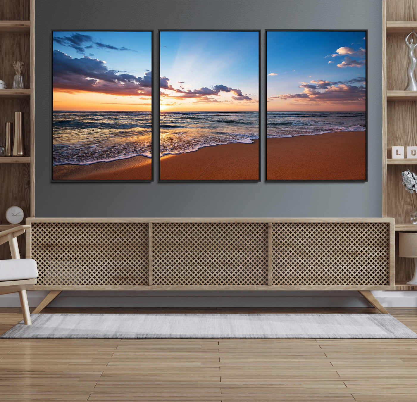53062-MGV-FC-60X30-3P_Black-Serene Ocean Sunset Canvas Print, Golden Hour Beach Wall Art, Giclee Canvas with Gallery Wrap and